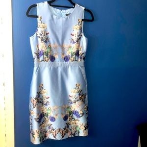 J. Crew Light Blue Floral Border Sleeveless Cocktail Dress